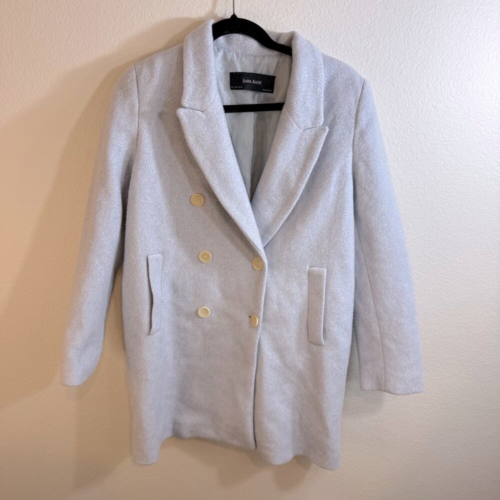 ZARA Light Blue Double-Breasted Wool-Blend Pea Coat